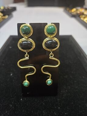 New-Gold-Tone Malachite & Black Onyx Stone Drop Earrings